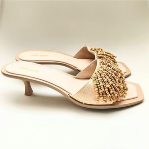 Cult Gaia Uma Beige Raffia Beaded Mule Pumps Kitten Heel NEW EU42